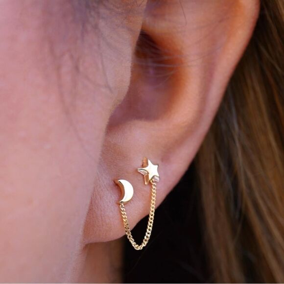 14K Gold Star & Moon Crawler Stud Earrings | Whimsical Celestial Jewelry - Picture 3 of 5